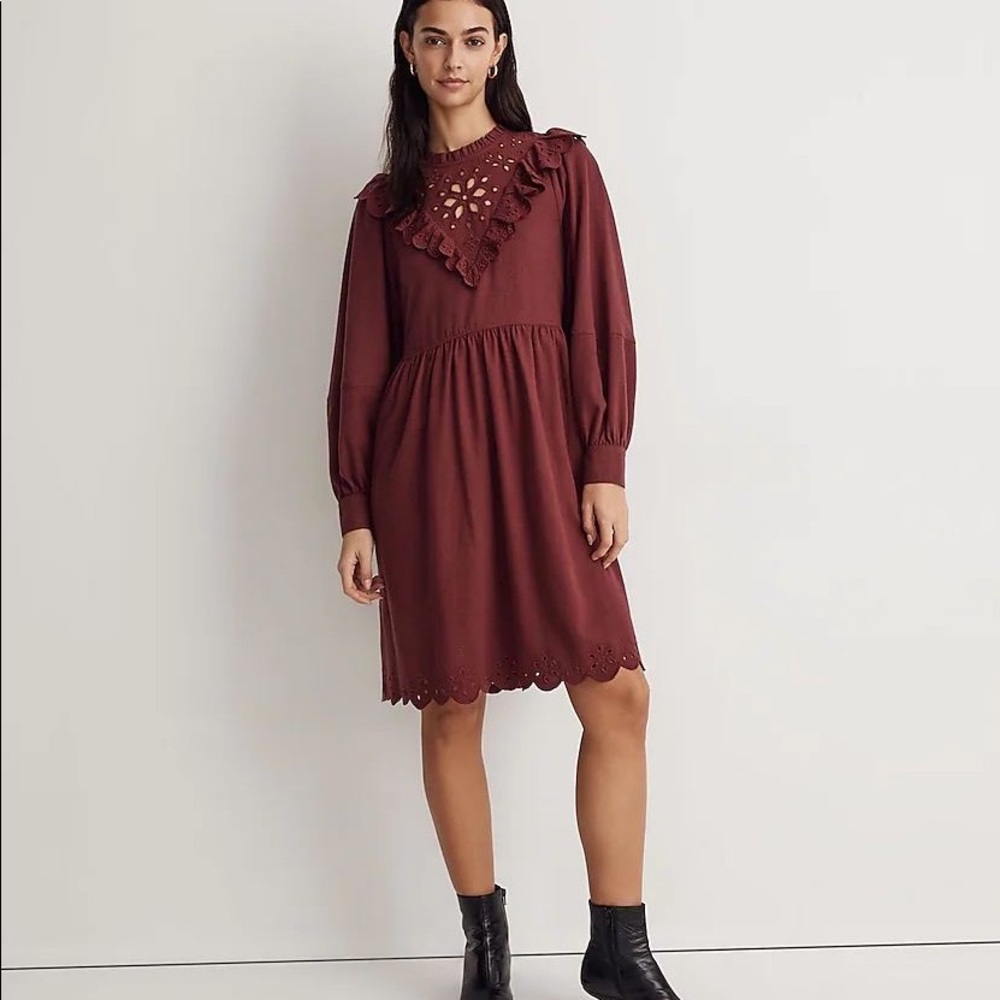 Embroidered Ruffled Flannel Mini Dress